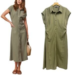 Mint Velvet Cap Sleeve Seam Detail Shirt Midi Dress in Olive Green size 12
